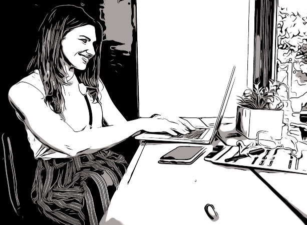 Nicole Atkins typing happily, creative image